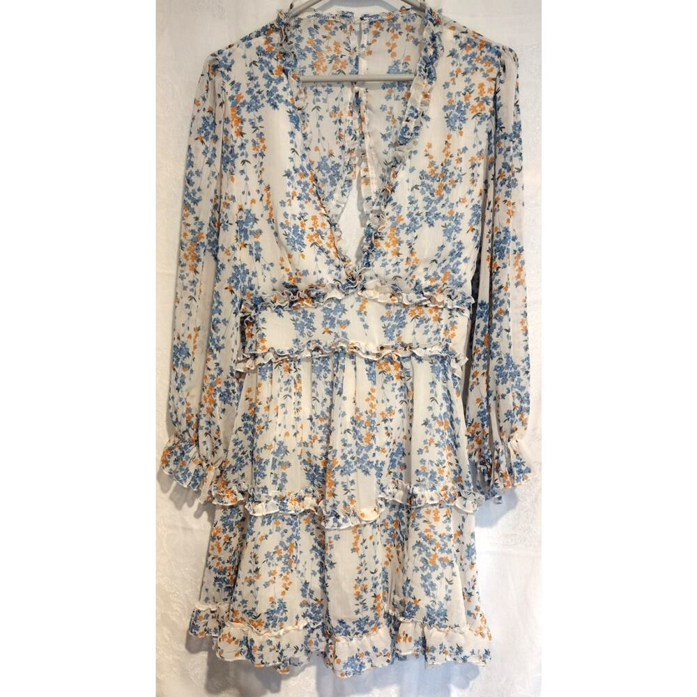 Women's Medium Ruffle Mini Dress Boho Cottagecore Blue Orange Floral Open Back